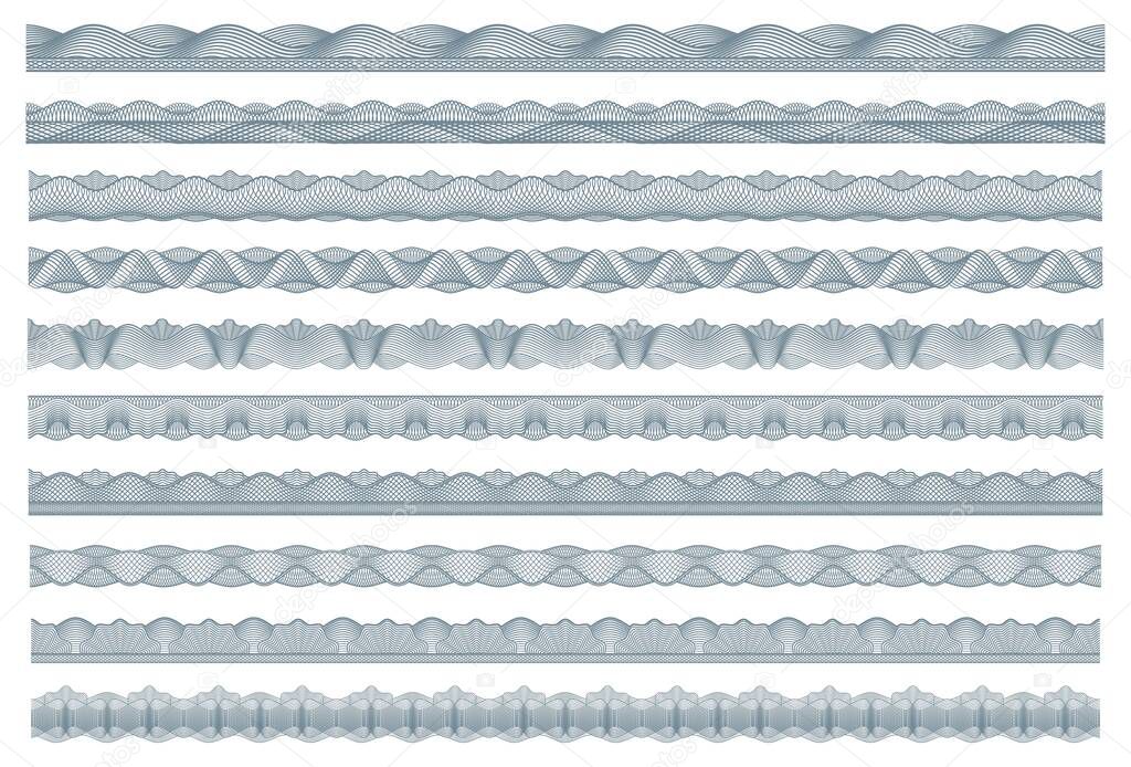 Guilloche borders, bank money, diploma and certificate security frames, vector pattern, Banknote currency guilloche borders for bank voucher or money security seals with watermark line ornament