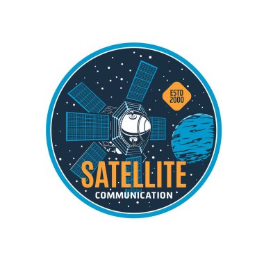 Haberleşme uydu ikonu. İnternet, radyo ve televizyon uzay iletişim teknolojisi, hava izleme, navigasyon veya uzay araştırma ikonu, dış uzayda yapay uydu ile