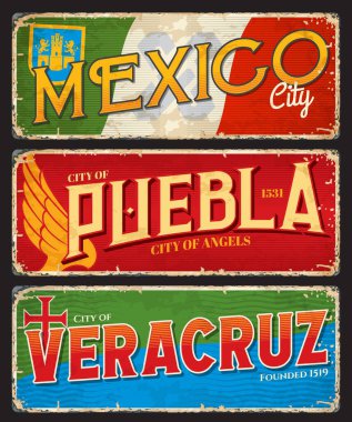 Mexico, Puebla, Veracruz city travel plates and stickers, Mexican vector tin signs. Mexico states cities travel plates and luggage tags with flags, emblems and landmark symbols or city taglines clipart