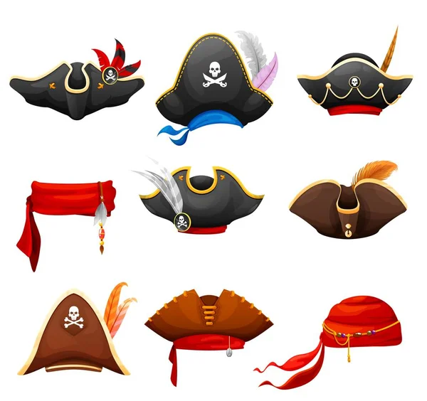 Cartoon Tricorn Bandana Pirate Cocked Hat Set Corsair Buccaneer Pirate — Stock Vector