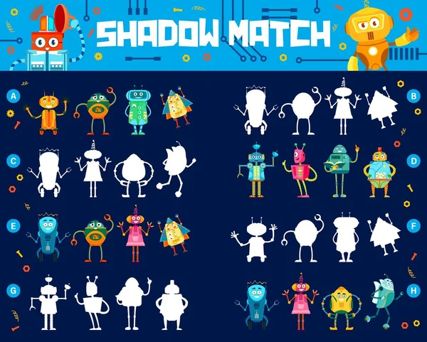 Ombre Match Enfants Feuille Calcul Jeu Avec Des Robots Drôles — Image vectorielle