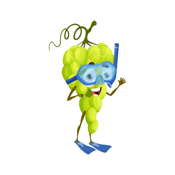 Cartoon Druif Karakter Duikmasker Vinnen Grappige Vector Druiven Bes Personage — Stockvector