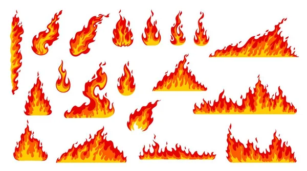 漫画の火の炎 たき火の燃焼と熱い赤い火の玉 地獄の炎と熱 ファイアウォールまたは山火事と燃えるトーチ 可燃性のシンボルと炎の効果のベクトル火災 — ストックベクタ