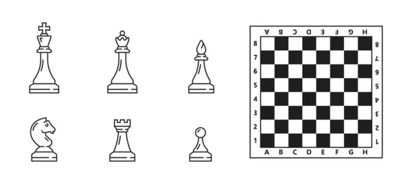 チェスの駒のアイコンとボード 女王とチェスゲームの騎士の作品 ポーンと城や司教とベクトルチェスボードは チェックメイト戦略ゲームのためのアウトライン内の作品の数字をループ — ストックベクタ