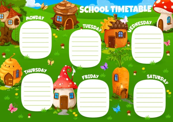 School Schema Cartoon Elf Dorp Met Sprookjes Huizen Vector Tijdschema — Stockvector