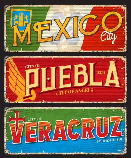 Meksyk Puebla Veracruz City Tablice Podróży Naklejki Meksykańskie Znaki Wektorowe — Wektor stockowy