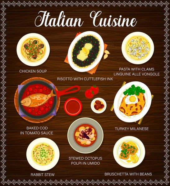 Italienisches Restaurant Mahlzeiten Und Gerichte Menü Kanincheneintopf Hühnersuppe Und Risotto — Stockvektor