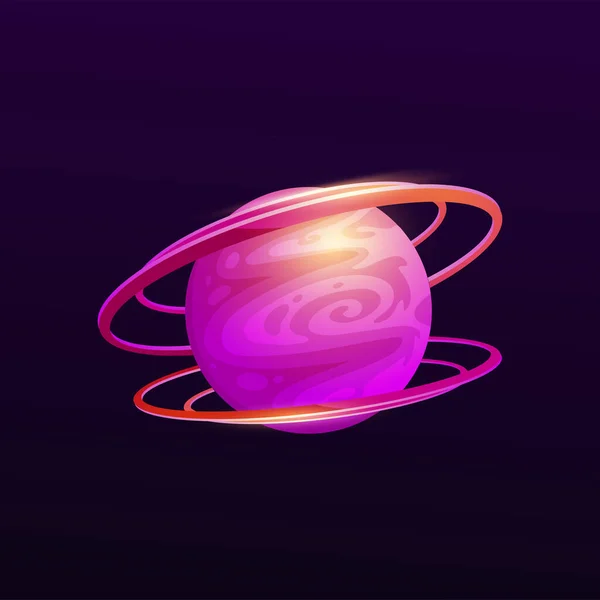 2つのリングを持つ紫色の宇宙惑星は 漫画のエイリアンの世界の暗い空のベクトル背景にあります ファンタジーゲームのUiまたは気要素 小惑星帯と明るい渦巻銀河惑星の明るい球 — ストックベクタ