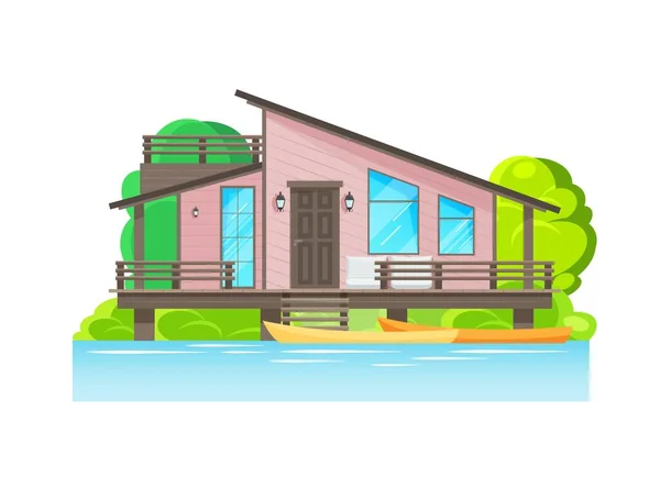 Modern House Exterior Terrace Parked Boats Lake River Wooden Cottage — Stock Vector