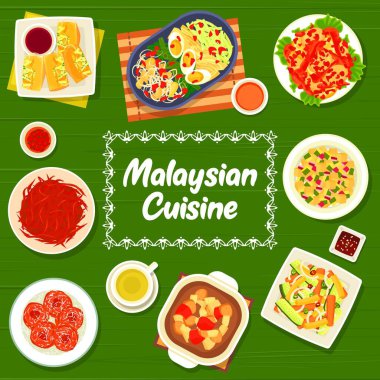 Malezya yemek restoranı sebze ve et menüsü örtüsü. Tofu Tauhu Sumbat, Nyonya tavuklu patates çorbası ve susamlı biftek, Gado Gado ve Kerabu Timun salatası, Sambal Telur, Kuih Keria çörek vektörü