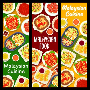 Malezya yemek restoranı afişleri. Tavuk patates çorbası Nyonya, Kuih Keria ve tofu Tauhu Sumbat, marine edilmiş sebzeler, Gado Gado ve Kerabu Timun salatası, susamlı biftek, Sambal Telur yumurtası.