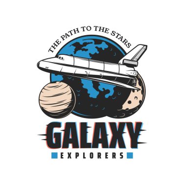 Uzay keşif mekiği roketine sahip galaksi kaşifi ikonu, galaktik ve yörüngesel uzay yolculuğunun vektör amblemi. Yıldızgemisi uzay mekiği veya yörüngedeki yıldız ve gezegenlere yapılan Galaksi keşifleri