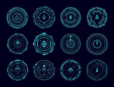 HUD pusula, hedef kontrol paneli elementleri, vektör dijital arayüz radarları. HUD fütüristik teknoloji veya oyun pusulası veya hedef pozisyon okları, navigasyon ve uzay gemisinin gösterge panelinin izleme göstergeleri