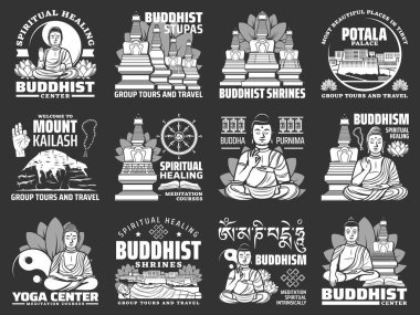 Budizm dini Buda, Budist tapınağı ve tapınak stupaları ile izole edilmiş vektör simgeleri. Yin yang, lotus, dharma çarkı ve sonsuz düğüm, Kailash Dağı ve Potala sarayının tek renkli sembolleri