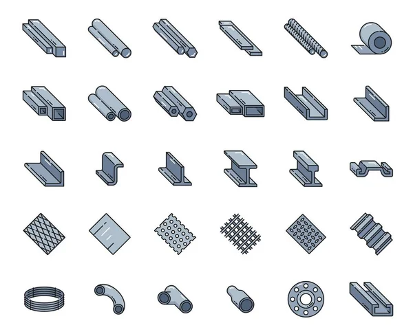 彩钢和铝轧制金属 不锈钢轮廓图标 矢量管 棒和梁 丝网和栅 正方形和钢筋 钢带和板材辊 — 图库矢量图片