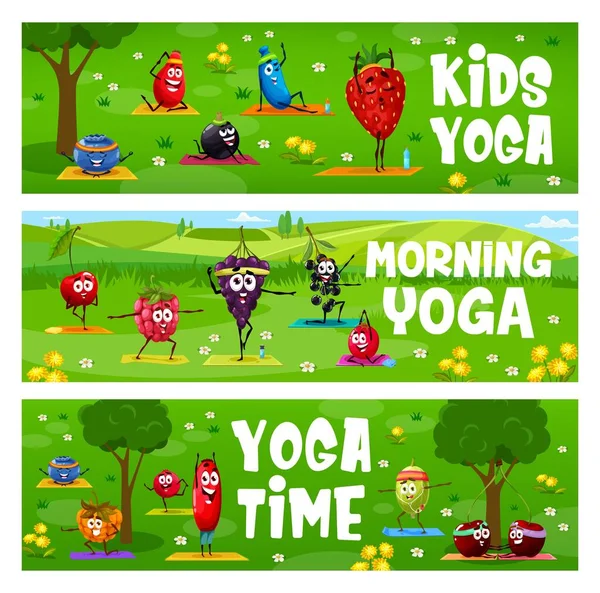 孩子们早上瑜珈 卡通人物在健身运动 病媒横幅 瑜伽课 并在瑜伽冥想或普拉提健身中以草莓 覆盆子和樱桃放松活动 — 图库矢量图片