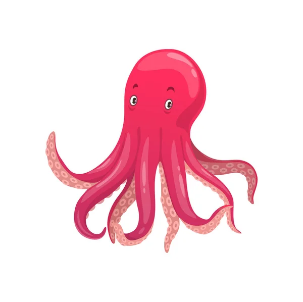 漫画タコ水中動物 隔離されたベクトル海と海の生き物 ピンクの肌と長い触手を持つ子供っぽい文字 目と感情を持つ水のクラケン ケファロポダの文字 — ストックベクタ