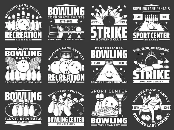 Bowling Sport Iconen Met Vector Bowlingbaan Ballen Kegels Bowling Spel — Stockvector