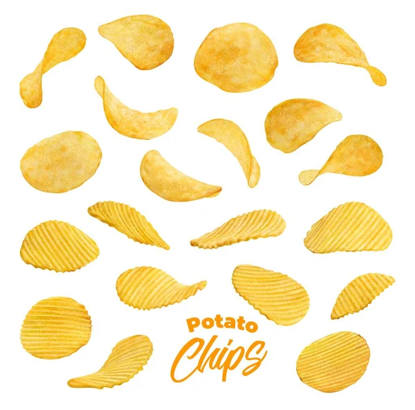 Realista Ondulado Ondulado Aislado Patatas Fritas Voladoras Conjunto Piezas Crocantes — Vector de stock