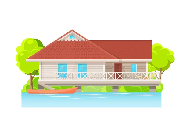 Modern Förortslägenhet Vid Vattnet Med Parkerad Båt Vektor Stilt Hus — Stock vektor
