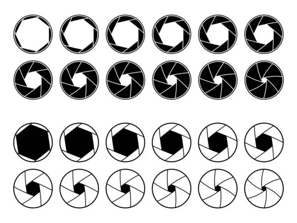 Camera lens diaphragm aperture icons, animation of shutter, vector photography. Photo camera lens diaphragm and aperture focus, animated film video objective opening and zoom snap for app