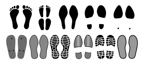 靴の足跡 足のプリントのソール ブートまたはステップ ベクトルシルエット 靴底とブーツの足跡 人間の足は裸足の足跡 スニーカーとフリップフロップサンダルの足跡とマークをインプリントします — ストックベクタ