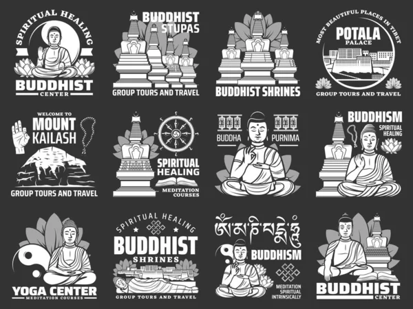 Buddhismus Náboženství Izolované Vektorové Ikony Buddhou Buddhistický Chrám Svatyně Stúpy — Stockový vektor