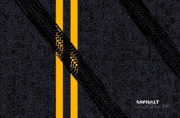 沥青路面纹理矢量背景 黑色跑道表面有轮胎痕迹 标有黄线标志的沥青路面 道路上印有漏气轮胎印的公路 赛车场或汽车漂移黑焦油 — 图库矢量图片