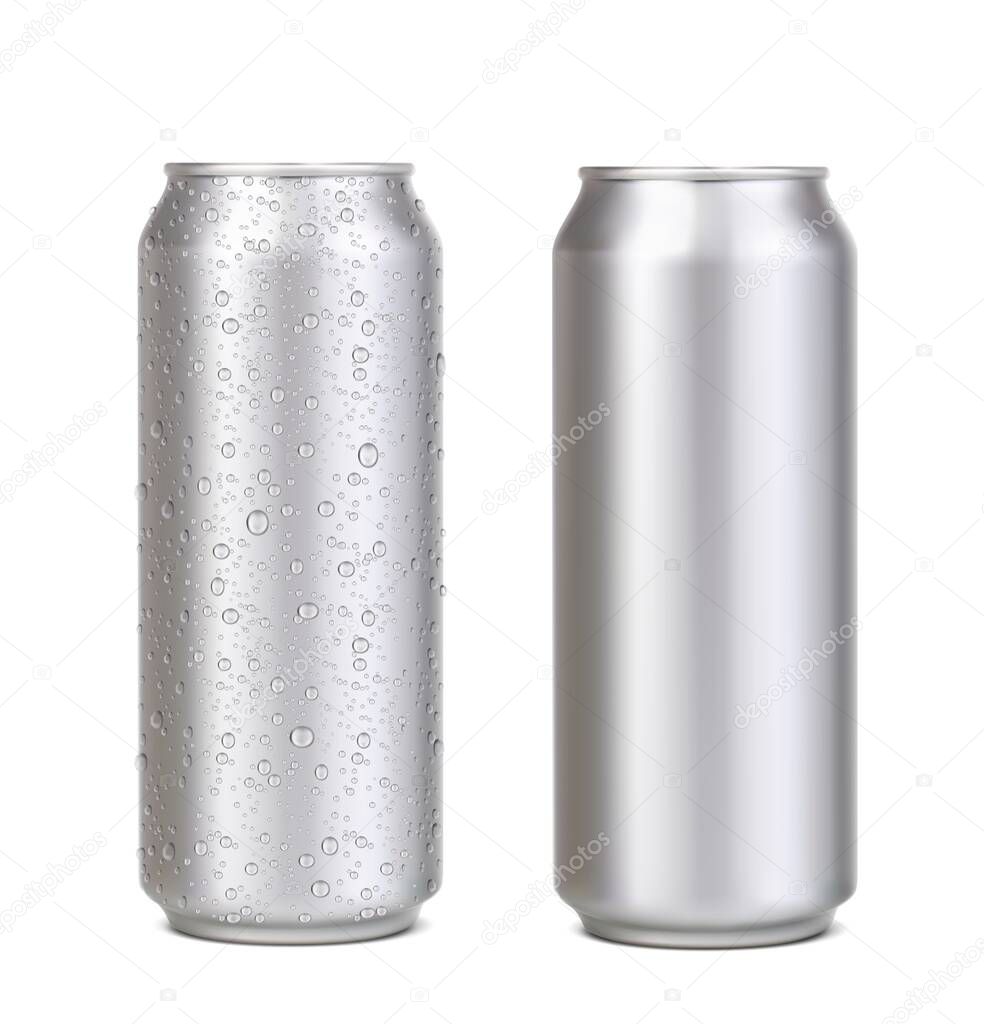 Long aluminium can with water drops, silver beer, soda or lemonade juice, coffee or energy drink mockup. Realistic vector aluminum cans with fresh cold water drops condensation for drink packaging