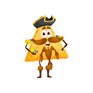 Karikatür Meksika cipsi, korsan korsan kaptan karakteri. Komik sakallı, korsan şapkalı, klasik pusula saati, mısır cipsi ya da fast food cipsli tortilla korsanı.