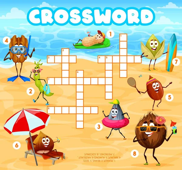 夏の海のビーチで陽気なナッツの文字は クロスワードグリッド ベクトルクイズゲームを検索します クロスワードワークシート夏休みにサングラスで面白い漫画ピーナッツとクルミの単語を推測する — ストックベクタ