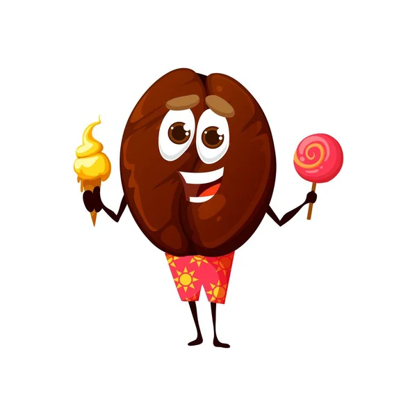 Cartoon Coffee Bean Character Ice Cream Lollipop Vector Kids Personage — Stock Vector