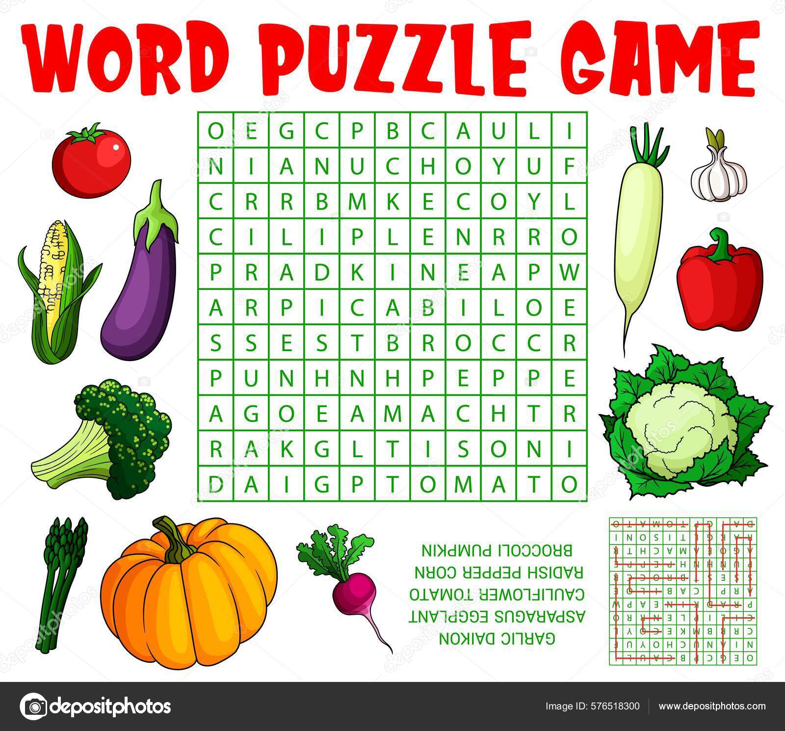 Cartoon Rohes Gemüse Wortsuche Puzzle Spiel Arbeitsblatt Vektor Kinder