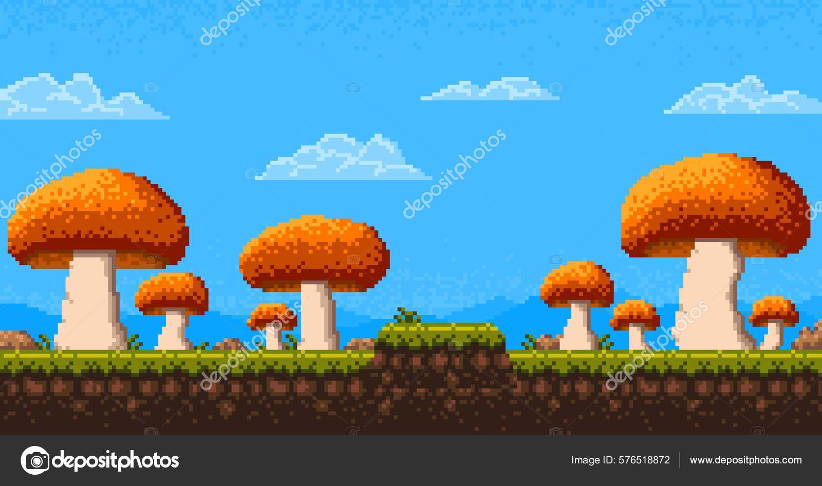 Pixel Art Game Level Alien Planet Mushrooms Vector Cartoon Background Stock  Vector Image by ©Seamartini #576518872