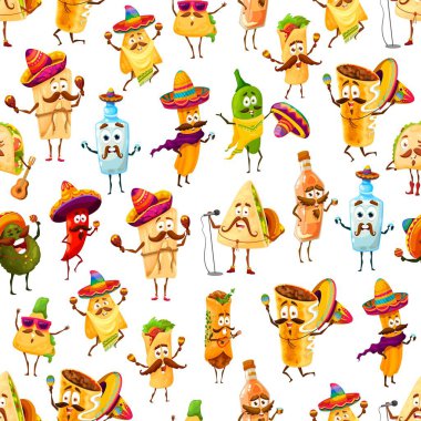 Meksika çizgi filmi Tex Mex yemek karakterleri kusursuz kalıplar, vektör arkaplan. Meksika mutfağı yemekleri ve içecekleri, komik burrito, taco ve tekila şablonu. Sombrero 'da gitar ve marakalarla şenlikte.