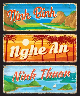 Ninh Binh, Nghe An ve Ninh Thuan, Vietnam vilayetleri seyahat plakaları ve vektör çıkartmaları. Vietnam bölgeleri teneke tabelalar ya da işaretli bagaj etiketleri, turizm ve tatil yerleri