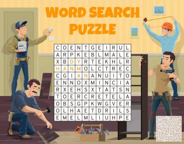 Elektrik mühendisi, işçi ve inşaatçı kelime bulmacası, vektör oyunu çalışma tablosu. Tamirci aletleri, çekiç ve cetvel, tornavida ve tamirci matkabı ile kelime ızgarası ara ve bul.