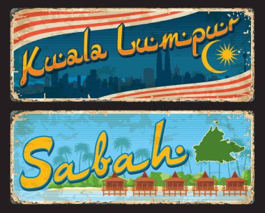 Kuala Lumpur ve Sabah, Malezya bölgeleri seyahat etiketleri ve plakalar, vektör bagaj etiketleri. Malezya eyaletleri, vilayetleri ve bölgeleri seyahat işaretleri, bayrakları ve sloganları olan teneke tabelaları memnuniyetle karşıladı