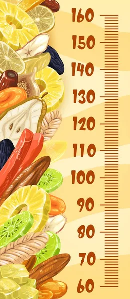 干果和小吃 儿童身高图表尺子 病媒生长测量计 婴儿高尺码或婴儿高尺码 有干果 李子和杏仁 菠萝和甜枣子 — 图库矢量图片