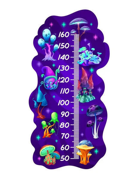 幻想蘑菇小孩身高图表生长表 童话般的魔法卡通矢量尺子 用奇异的异形真菌植物和鳞片测量儿童的身高 婴儿长尺子 体温计长 — 图库矢量图片