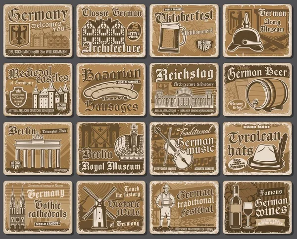 Germany Landmarks Travel Sightseeing Grunge Signs German Culture Vector Retro — Stock Vector