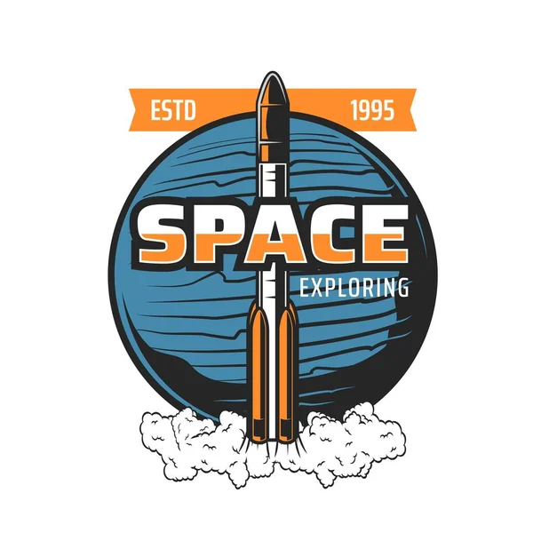 Spazio Esplorazione Icona Volo Spaziale Razzo Lancio Astronave Galassia Emblema — Vettoriale Stock