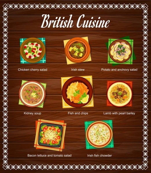 Speisekarte Der Britischen Küche Hühnerkirschsalat Irischer Eintopf Kartoffel Und Sardellensalat — Stockvektor