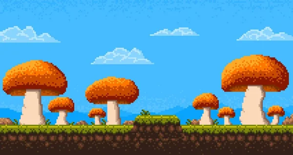 Pixel艺术游戏水平 外星星球蘑菇 病媒卡通背景 8位像素视频游戏拱廊巨大的蘑菇森林景观 幻想仙女魔法蘑菇游戏级别 — 图库矢量图片