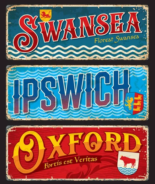 Swansea Ipswich オックスフォード市の旅行プレートやステッカー イングランドの荷物タグ ベクトル錫の看板 市のランドマーク 旗のエンブレムとグランジプラークバナーのシンボルと英国郡旅行プレート — ストックベクタ