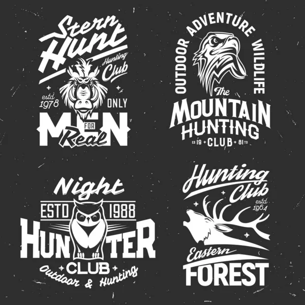 Tshirt prints with wild animals and birds mascots for hunting club, apparel vector design. Isolated labels with boar, reindeer, eagle and owl with typography. Monochrome t shirt prints, emblems set