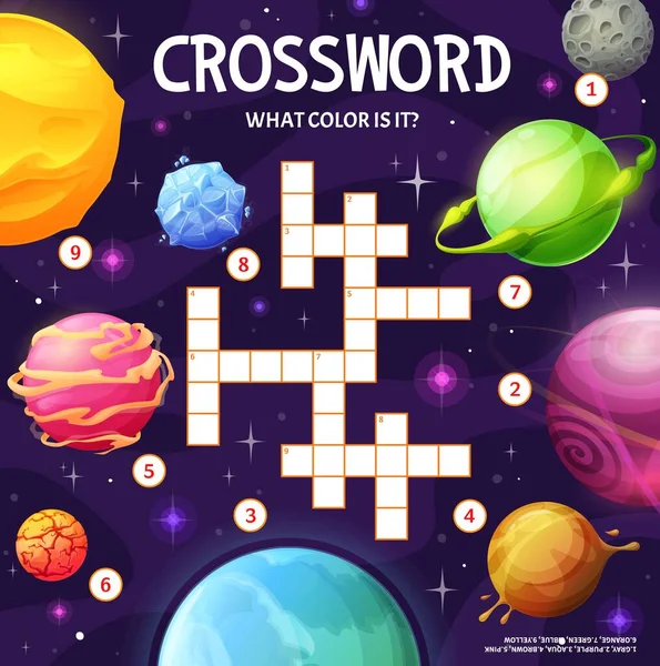 Cartoon Galaxy Space Planets Crossword Grid Worksheet Find Word Quiz — Stock Vector