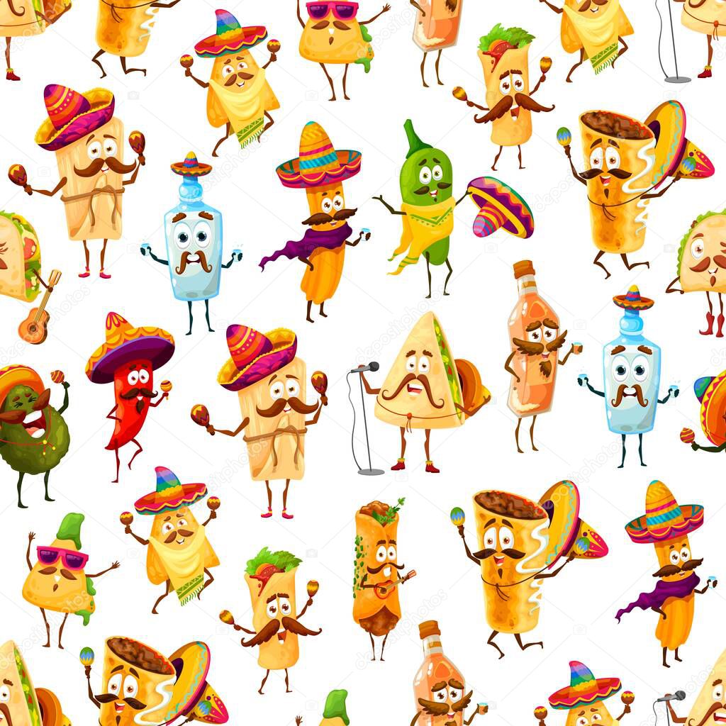 Mexican cartoon Tex Mex food characters seamless pattern, vector background. Mexican cuisine food and drinks pattern of funny burrito, taco and tequila in sombrero with guitar and maracas on fiesta