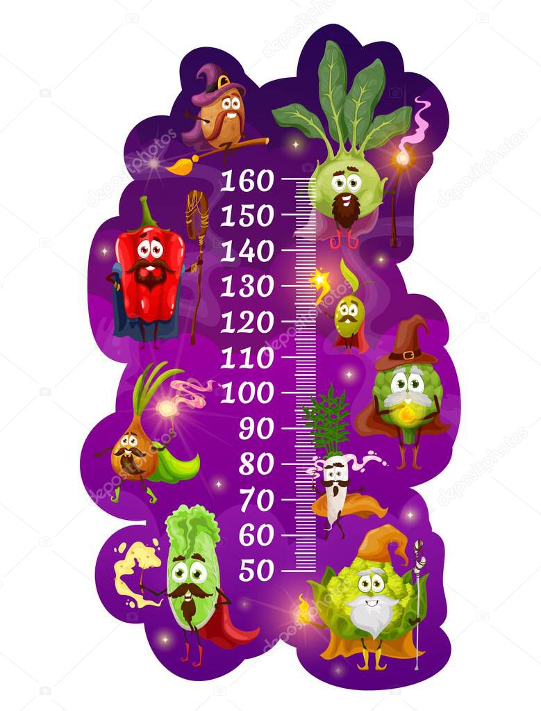 Kids height cartoon vegetable magicians and wizards growth meter. Vector funny veggies bell pepper, potato, kohlrabi and olive with artichoke, radish and broccoli. Chinese cabbage and onion fairy wiz