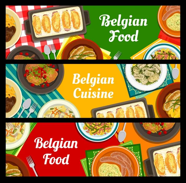 Belgické Kuchařské Transparenty Dušené Hovězí Pivo Carbonnade Zeleninový Salát Tuňákem — Stockový vektor